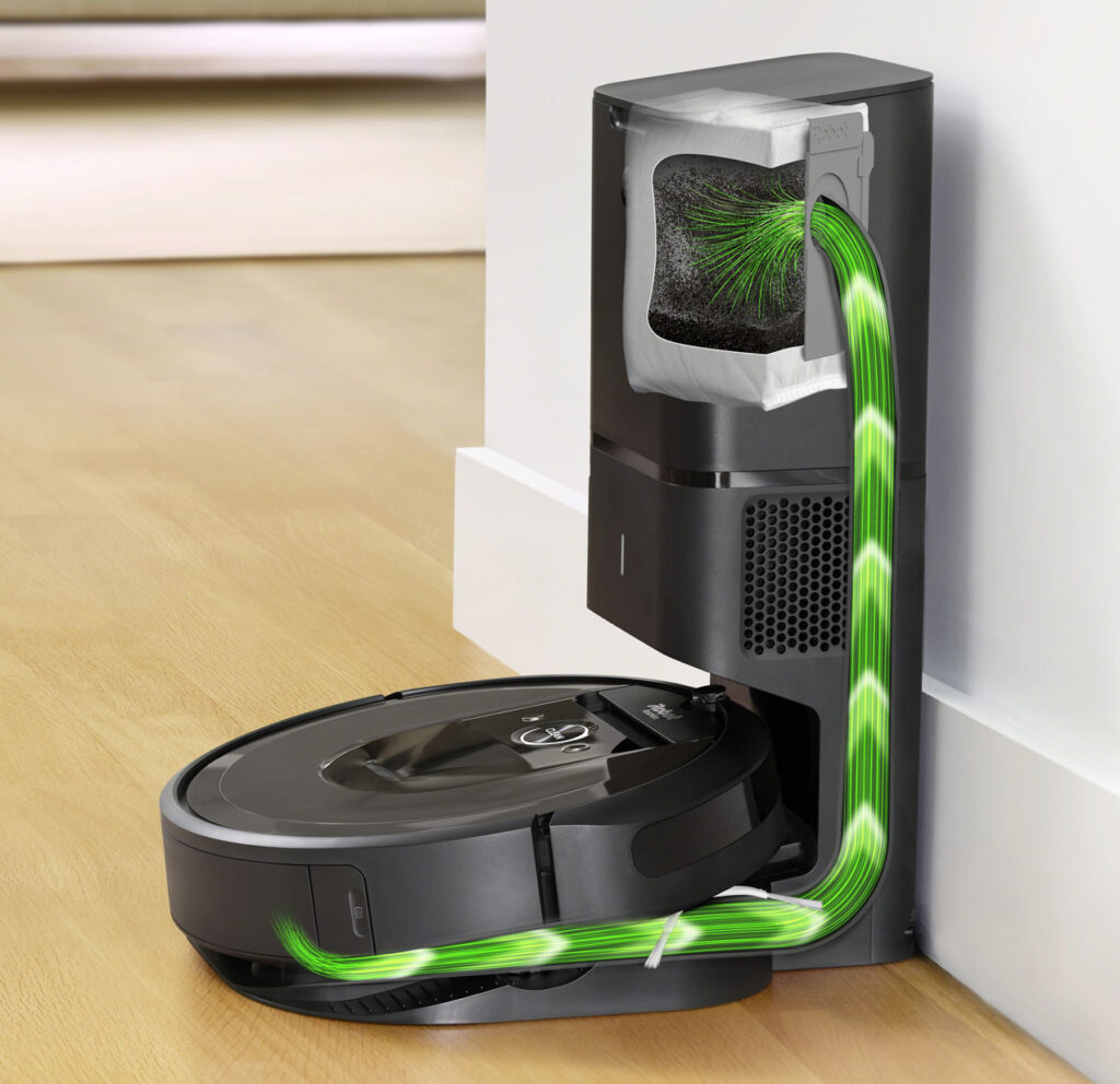 Diagram of an iRobot Roomba i7 emptying itself into it's CleanBase base station